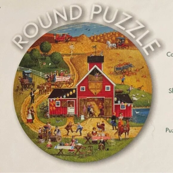NIB ROUND JIGSAW PUZZLE 750 piece Fall season Bob Pettes Americana harvest scene - Picture 9 of 11